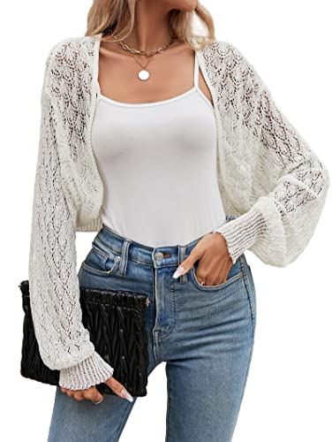 Famulily Damen Sommer Langarm Cropped Cardigans UK Hollow Out Floral Lace Crochet Shrug Schal Bolero Cardigans, weiß, L von Famulily