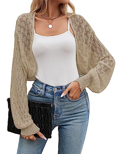 Famulily Damen Sommer Langarm Cropped Cardigans UK Hollow Out Floral Lace Crochet Shrug Shawl Bolero Cardigans, khaki, L von Famulily