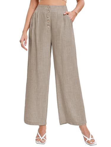 Famulily Damen Sommer Leinen Hosen für Frauen Einfarbige Baggy Wide Leg Palazzo Hosen (L, Khaki) von Famulily