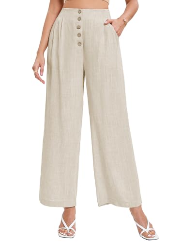 Famulily Damen Sommer Loose High Taille Knopf Leinen Hosen Casual Weit Bein Palazzo Hosen mit Taschen (M, Natur) von Famulily