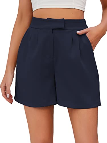 Famulily Damen Sommer Niedliche Shorts Lässige Seitentaschen Hohe Taille Shorts mit Rücken Elastischer Taille, Marineblau, Mittel von Famulily