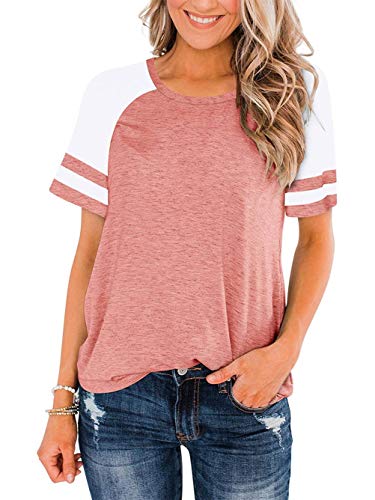 Famulily Damen Sommer Rundhals Farbblockstreifen T-Shirt S-XXL Gr. Large, #2 Pink von Famulily