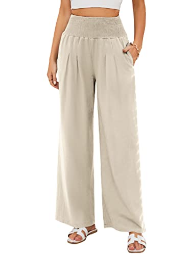 Famulily Damen-Sommerhose, einfarbig, lockere Passform, lässig, Leinen, weites Bein, mit Taschen, S-2XL, beige, S von Famulily