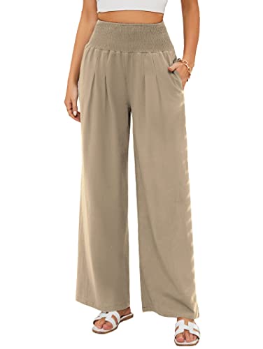 Famulily Damen-Sommerhose, einfarbig, lockere Passform, lässig, Leinen, weites Bein, mit Taschen, S-2XL, khaki, S von Famulily