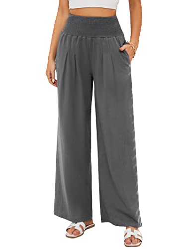 Famulily Damen-Sommerhose, einfarbig, lockere Passform, lässige Leinen, weites Bein, mit Taschen, S-2XL, dunkelgrau, L von Famulily