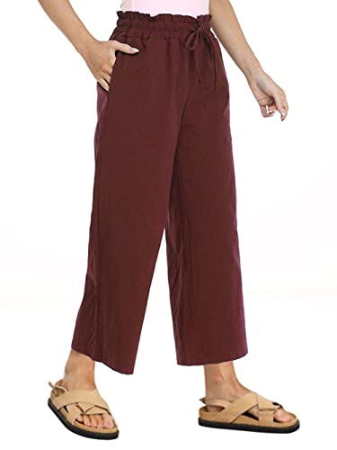 Famulily Damen Sommer Bequeme Baumwolle Leinen Cropped Hose Breites Bein Lounge Hose mit Taschen, #2 Rostrot, S von Famulily