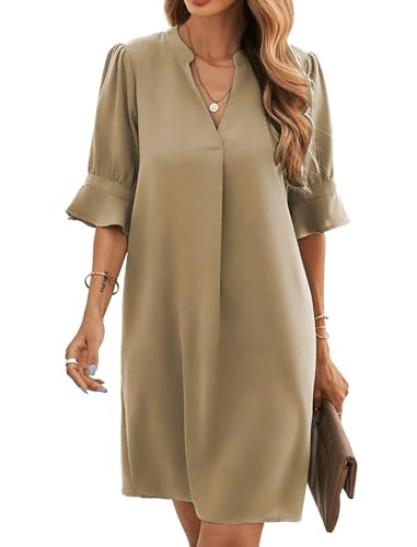 Famulily Damen Sommerkleider 2024 Kurzarm V-Ausschnitt Flowy Mini Dress Boho Ruffle Dress Khaki L von Famulily