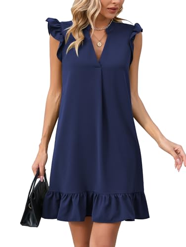 Famulily Damen Sommerkleider Rüschenkappe Ärmel V-Ausschnitt Smock Mini Kleid Tank Kleid Blau XXL von Famulily