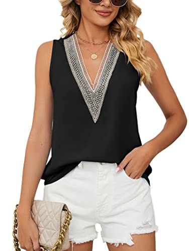 Famulily Damen Spitzenbesatz V Ausschnitt Tank Tops Ärmellos Sommer Casual Chiffon Westen Bluse Shirts, Schwarz , X-Large von Famulily