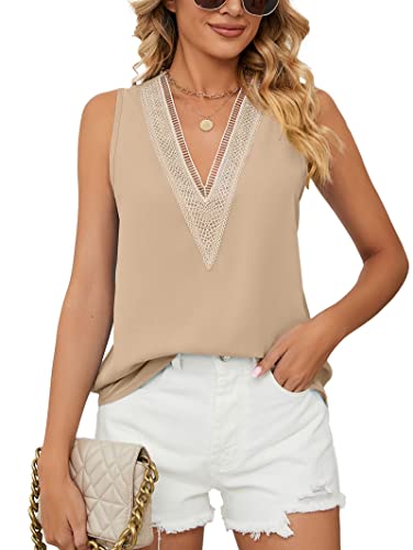 Famulily Damen Spitzenbesatz V Ausschnitt Tank Tops Ärmellos Sommer Casual Chiffon Westen Bluse Shirts, aprikose, X-Large von Famulily