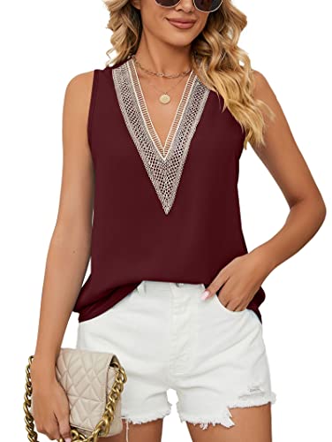 Famulily Damen Spitzenbesatz V Ausschnitt Tank Tops Ärmellos Sommer Casual Chiffon Westen Bluse Shirts, burgunderfarben, M von Famulily