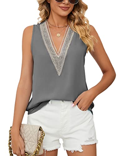 Famulily Damen Spitzenbesatz V Ausschnitt Tank Tops Ärmellos Sommer Casual Chiffon Westen Bluse Shirts, grau, XXL von Famulily