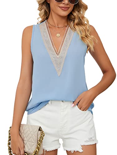 Famulily Damen Spitzenbesatz V Ausschnitt Tank Tops Ärmellos Sommer Casual Chiffon Westen Bluse Shirts, himmelblau, XXL von Famulily