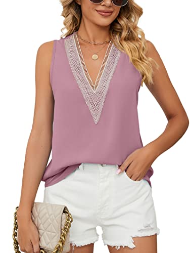 Famulily Damen Spitzenbesatz V Ausschnitt Tank Tops Ärmellos Sommer Casual Chiffon Westen Bluse Shirts, rose, XXL von Famulily