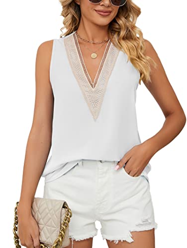 Famulily Damen Spitzenbesatz V Ausschnitt Tank Tops Ärmellos Sommer Casual Chiffon Westen Bluse Shirts, weiß, X-Large von Famulily