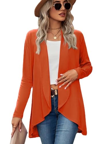 Famulily Womens Casual Plain Langarm Cardigans Offene Tops Damen Leichte Atmungsaktive Weiche Strickpullover Wasserfall Cardigans Orange XXL von Famulily