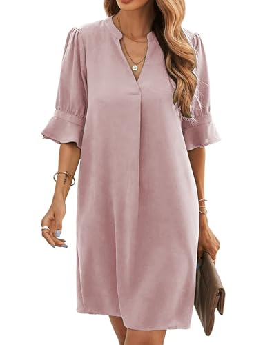 Famulily Damen Sundress für Sommer V-Ausschnitt Rüschen Kurzarm Einfarbig Kleid Arbeit Kleider Rosa XL von Famulily