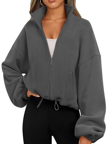 Famulily Damen Sweatshirts mit Reißverschluss und Taschen Kordelzug Langarm Mäntel Y2K Cropped Jacken Dunkelgrau M von Famulily
