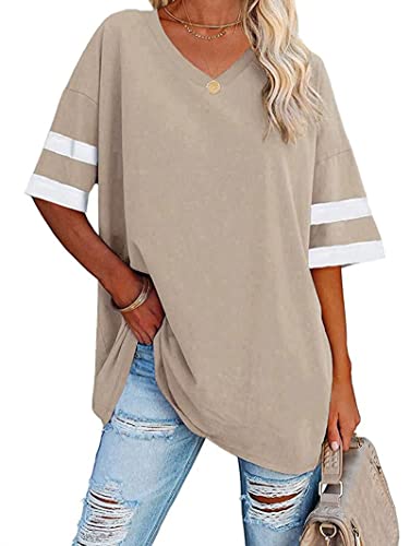 Famulily Damen Casual Rundhals Halbarm T-Shirt Damen Comfy Oversized Baseball T-Shirts Farbblock Tunika Tops, #2 Beige, X-Large von Famulily