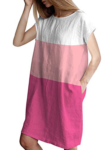 Famulily Damen-T-Shirt-Kleid mit 3 / 4 Ärmeln, zweifarbig, lockeres T-Shirt-Kleid mit Taschen, #2 Pink Rose, Groß von Famulily