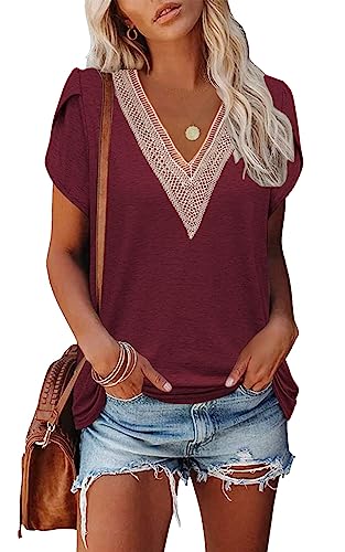 Famulily Damen T-Shirt mit V-Ausschnitt Sommer Lässige Oberteile Blütenblatt Kurzarm Tops Casual Elegant Bluse (XXL,Burgunderfarben) von Famulily