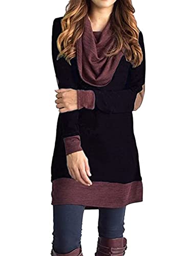 Famulily Damen-Top, Wasserfallkragen, zweifarbig, Farbblock, Pullover, Ellenbogen-Patchs, lockere Lange Tunika-Bluse, Rostrot, Groß von Famulily