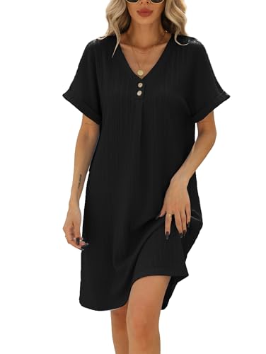 Famulily Damen Sommerkleid Elegant Texturiert Freizeitkleid Einfarbig Kurzes Shirtkleid mit Knöpfen Schwarz XL von Famulily