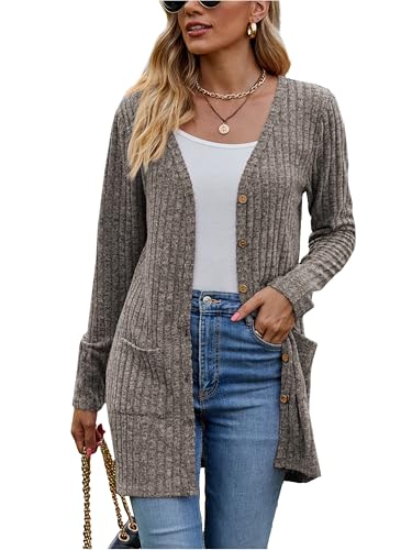 Famulily Damen Wasserfall Cardigans, Langarm Button Down Basic Cardigan für Herbst Winter Oberbekleidung (L, Kaffee) von Famulily
