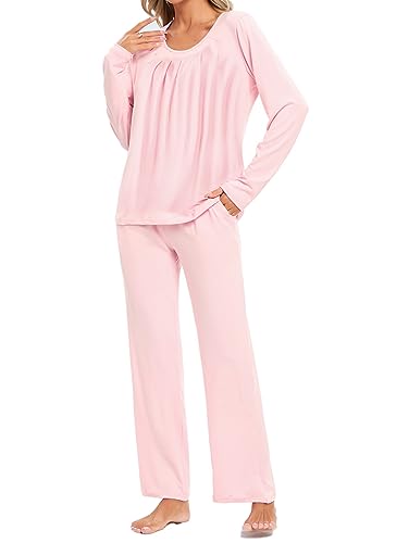 Famulily Damen Weites Bein Pyjamas Hautfreundliche Loungewear Fall Pjs Set Plain Langarm Nachtwäsche mit Taschen Rosa S von Famulily