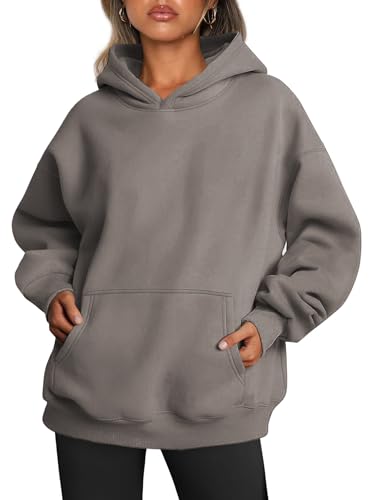 Famulily Damen Winter Basic Kapuzenpullis Langarm Fleece Warme Sweatshirts Soft Loose Fashion Thermal Tops mit Taschen Kaffee L von Famulily