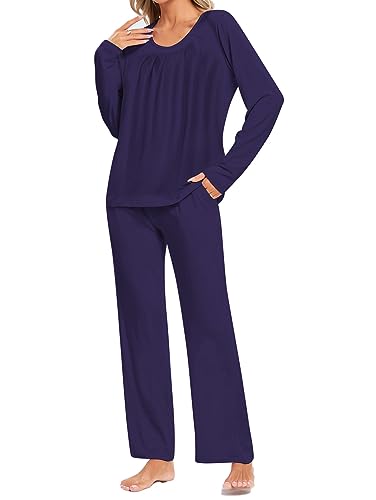 Famulily Damen Winter Pyjama Sets Langarm Homewear Soft Smoked O Neck 2 Pcs Pjs Set mit Taschen Marineblau S von Famulily