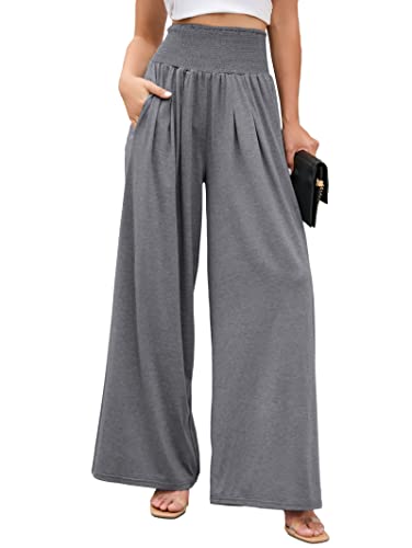 Famulily Damen Hose mit weitem Bein, elastisch, hohe Taille, Baumwolle, Yogahose mit Taschen, Loungewear für alle Jahreszeiten, S-XXL, dunkelgrau, XXL von Famulily