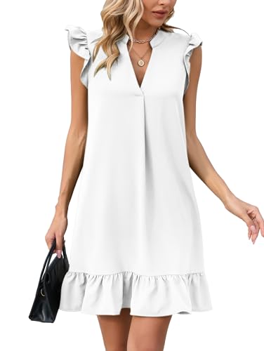 Famulily Damenkleider 2024 Frühling Sommer Tief V-Ausschnitt Elegant Rüschen Saum Midi Kleid Weiß S von Famulily