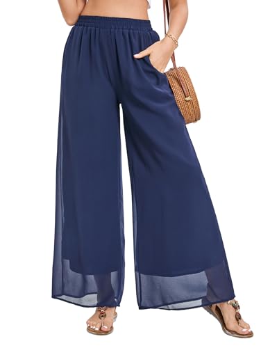 Famulily Damenmode Chiffon Strandhose Gummizug in der Taille Lässig Weites Bein Lange Culottes mit Taschen Marineblau M von Famulily