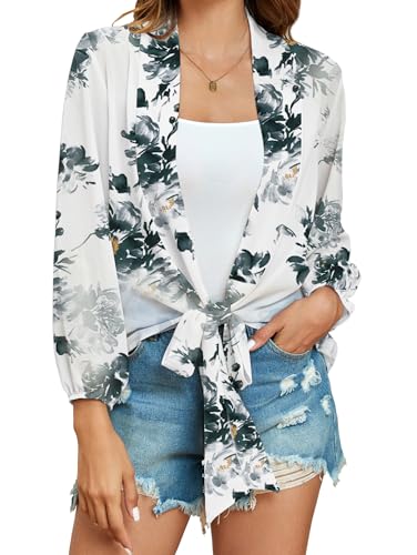 Famulily Durchsichtige Chiffon-Strickjacke für Damen, Blumendruck, Schnürung vorne, Bluse, Sommer, Strand, langärmelig, Weiß-blaues Blumenmuster, 42 Famulily Durchsichtige Chiffon-Strickjacke für Damen, Blumendruck, Schnürung vorne, Bluse, Sommer, Strand, langärmelig, Weiß-blaues Blumenmuster, 42 von Famulily