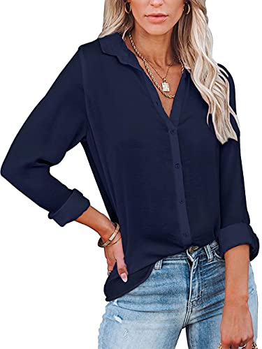 Famulily Einfarbig Damen Bluse Business Langarm BüGelfrei Chiffon Bluse Damen Festlich Blau L von Famulily