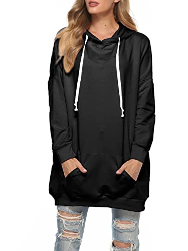 Famulily Einfarbig Hoodie Kleid Damen Lang Kuschelpullover Oversize Winter Pullover Frauen Scharze 2XL von Famulily