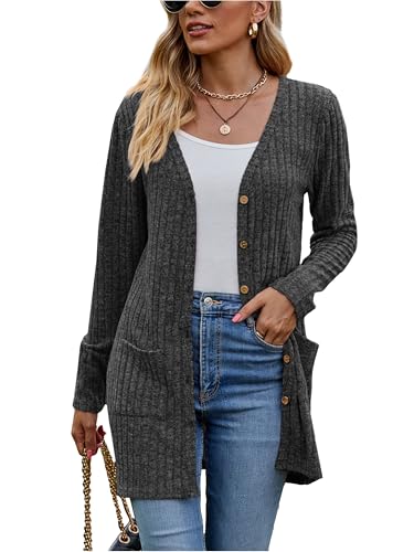 Famulily Einfarbige Lange Strickjacke für Frauen, gerippte Strick leichte Oberbekleidung Pullover mit Taschen (XXL, Dunkelgrau) von Famulily