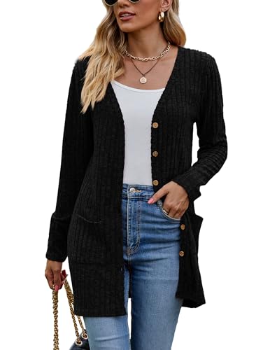 Famulily Einfarbige Schwarze Lange Strickjacke für Frauen, gerippte Strick leichte Oberbekleidung Pullover mit Taschen (L, Schwarz) von Famulily