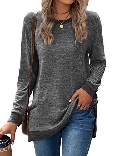 Famulily Farbblock-Pullover, Sweatshirt für Damen, Rundhalsausschnitt, geteilte Seite, Baumwolle, langärmelig, Baggy-Tops, T-Shirts mit Taschen, #1 Dunkelgrau, 42 von Famulily