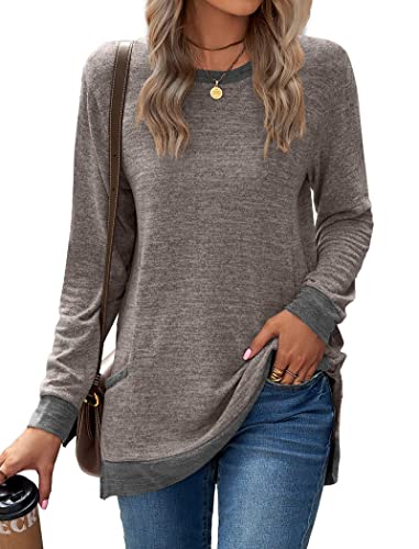 Famulily Farbblock-Pullover, Sweatshirt für Damen, Rundhalsausschnitt, geteilte Seite, Baumwolle, langärmelig, Baggy-Tops, T-Shirts mit Taschen, #1 Kaffee, 42 von Famulily