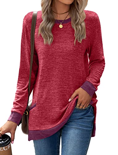 Famulily Farbblock-Pullover, Sweatshirt für Damen, Rundhalsausschnitt, geteilte Seite, Baumwolle, langärmelig, Baggy-Tops, T-Shirts mit Taschen, #1 Rot, 42 von Famulily