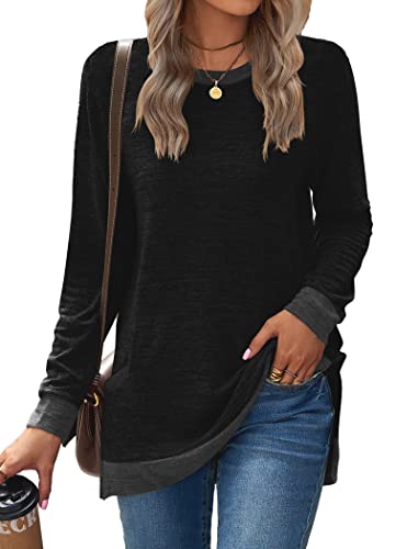 Famulily Farbblock-Pullover, Sweatshirt für Damen, Rundhalsausschnitt, geteilte Seite, Baumwolle, langärmelig, Baggy-Tops, T-Shirts mit Taschen, #1 Schwarz, 48 von Famulily