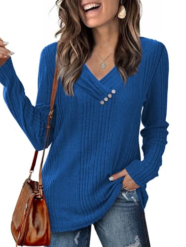 Famulily Damen V-Ausschnitt Strickpullover Einfarbige Langarmshirt für Elegant Frauen Frühling Herbst Winter Blau XL von Famulily