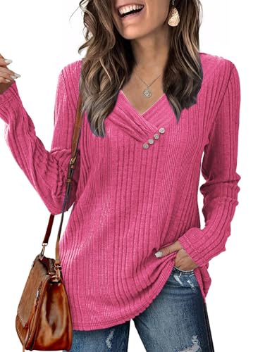 Famulily Damen Leichte Strickpullover Langarm Softe Sweatshirt Runder-Knöpfe Elegant Tunika Tops mit Falten Rosa S von Famulily