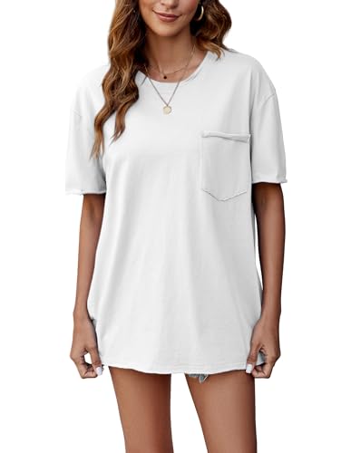 Famulily Frauen Kurzarm T Shirts Rundhals Oversized Sommer Tops Weiche lose Tunika Tshirt Bluse (XL, Elfenbeinweiß) von Famulily