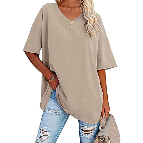 Famulily Frauen Kurze Ärmel T Shirts halbe Ärmel V Hals T Shirts Comfy Baumwolle lose Tunika Bluse Tops (L, Beige) von Famulily