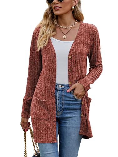 Famulily Frauen Langarm Wasserfall Cardigans, Casual Button Down Cardigan Pullover für Herbst Winter (L, Rot) von Famulily