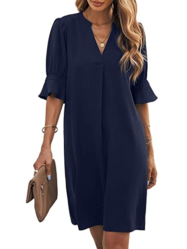 Famulily Frauen Mode V-Ausschnitt Lose Fit Bequemes Kleid Kurze Glockenarm Arbeitskleidung Marineblau XXL von Famulily