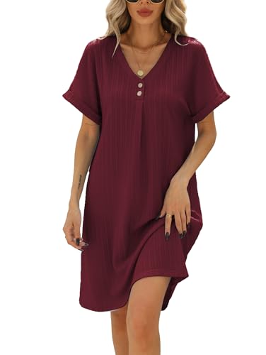 Famulily Sommerkleid Damen Lose V-Ausschnitt Midikleid Kurzarm A-Linie Kleid Strandkleid mit Knopfleiste Weinrot XXL von Famulily
